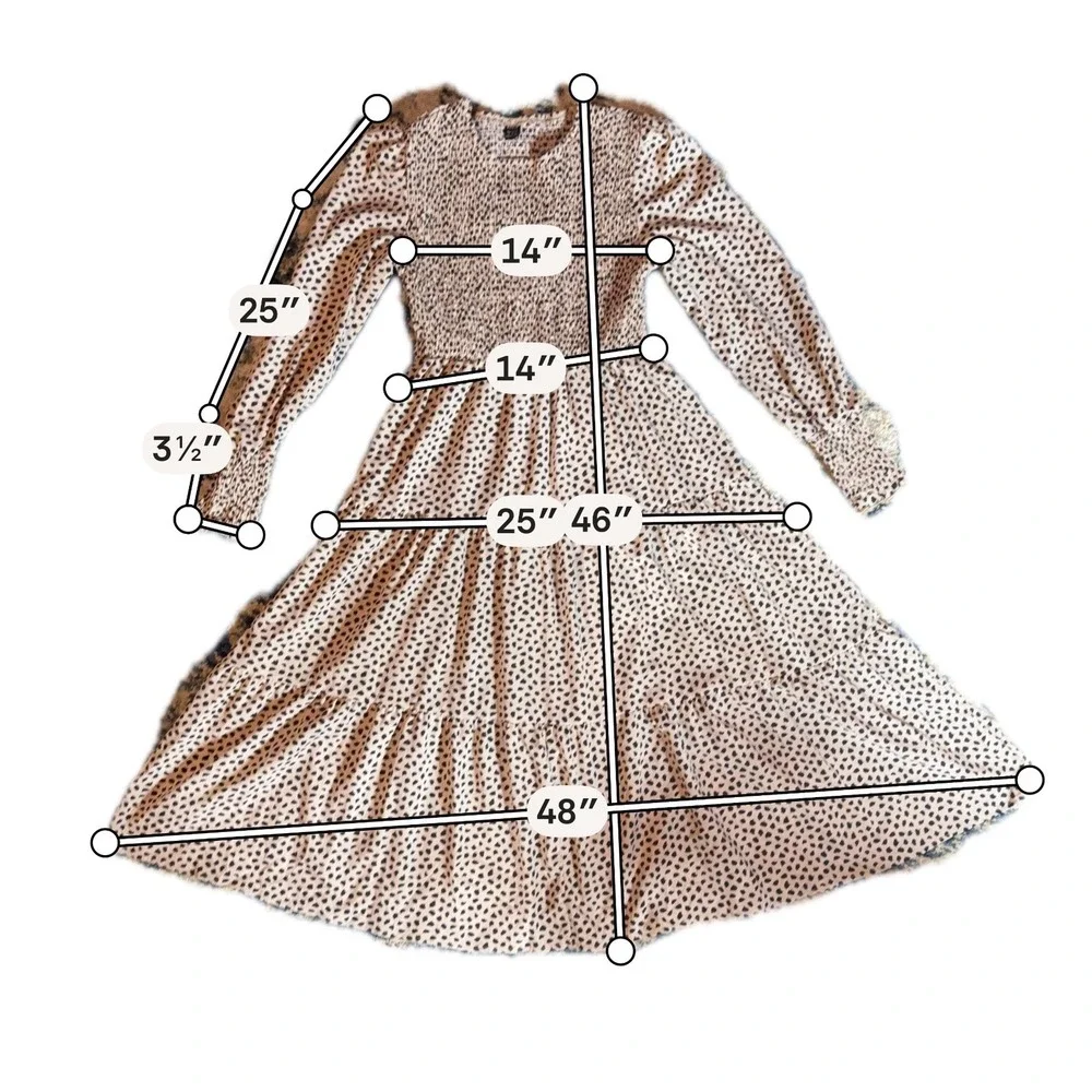 SHEIN Midi Dress Women Small Tan Black Spotted Excellent Smocked Tiered Boho